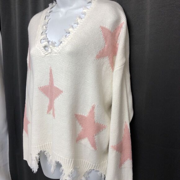 Sweet & Sinful Womens Large Cream Frayed Design Pink Stars Sweater L - Picture 3 of 16